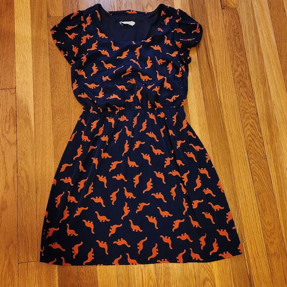 Peach Love x ModCloth Navy Orange Dinosaur Print Tulip Sleeve Dress, Sz M - Picture 5 of 9